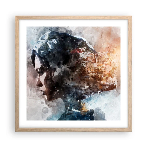 Pôster com moldura de carvalho claro - Uma história sobre uma menina e uma cidade ao fundo - 50x50 cm