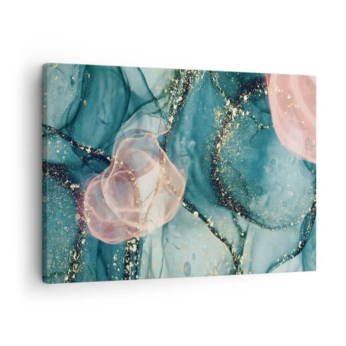 Quadro em tela - Uma composição abstrata em tons de turquesa e dourado. - 70x50cm - Azul seda, rosa tule - Decoração de parede moderna para a sala de estar e quarto ARTTOR