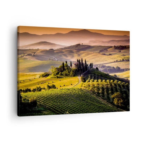 Quadro em tela - Paisagem toscana com vinhedos e uma casa em uma colina - 70x50cm - Arcádia - Paisagem toscana - Decoração de parede moderna para a sala de estar e quarto ARTTOR