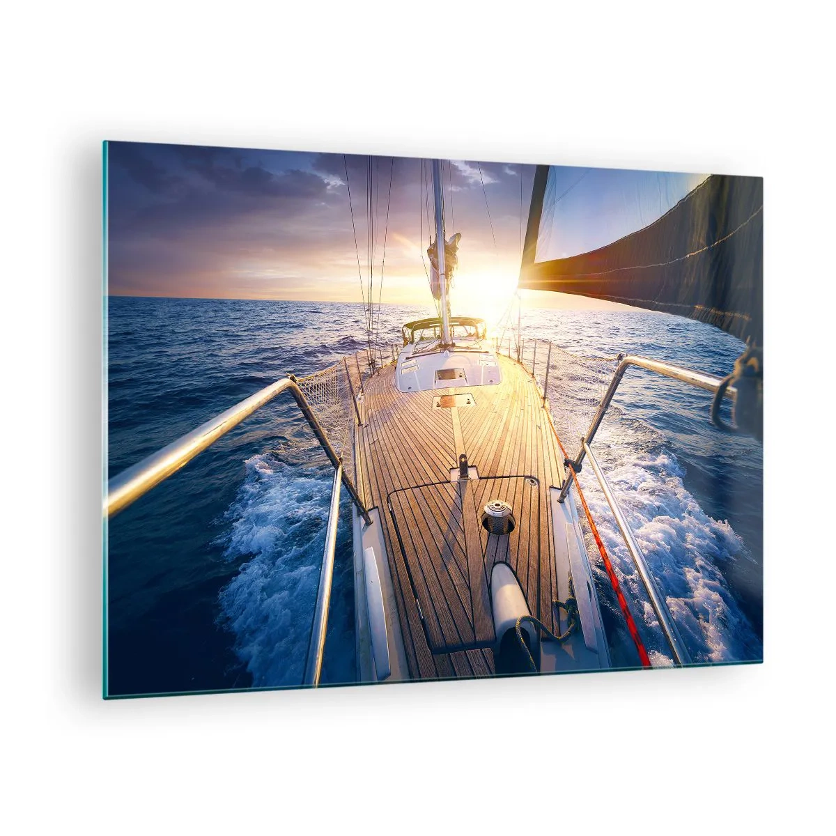 Quadro em vidro - O convés de um veleiro tendo como pano de fundo o pôr do sol e as ondas do mar - 70x50cm - Correr sobre as ondas - Decoração de parede moderna para a sala de estar e quarto ARTTOR