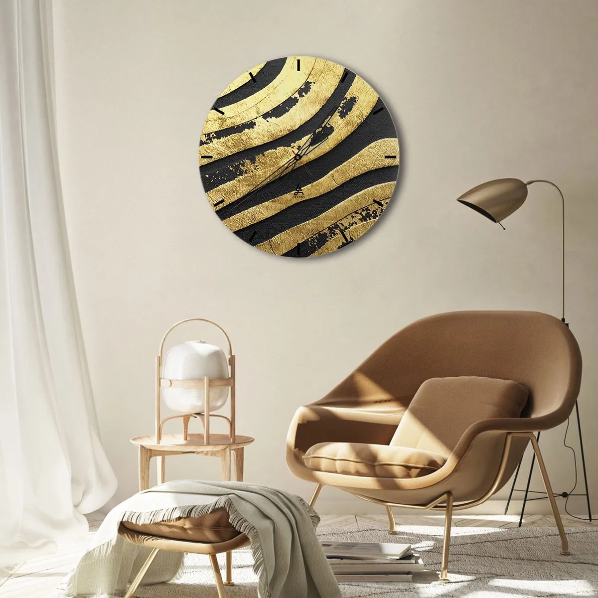 Relógio de parede - Relógio em vidro - Padrão abstrato em dourado e preto - 30x30cm - Tudo flui - Decoração de parede moderna para a sala de estar, cozinha e quarto ARTTOR