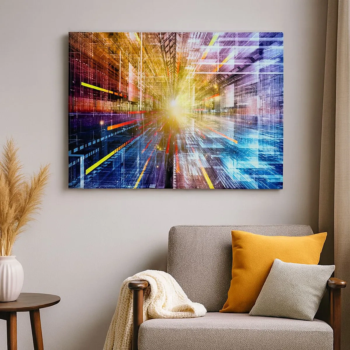 Quadro em tela - Luzes dinâmicas em um corredor futurista - 70x50cm - Corredor de luz - Decoração de parede moderna para a sala de estar e quarto ARTTOR