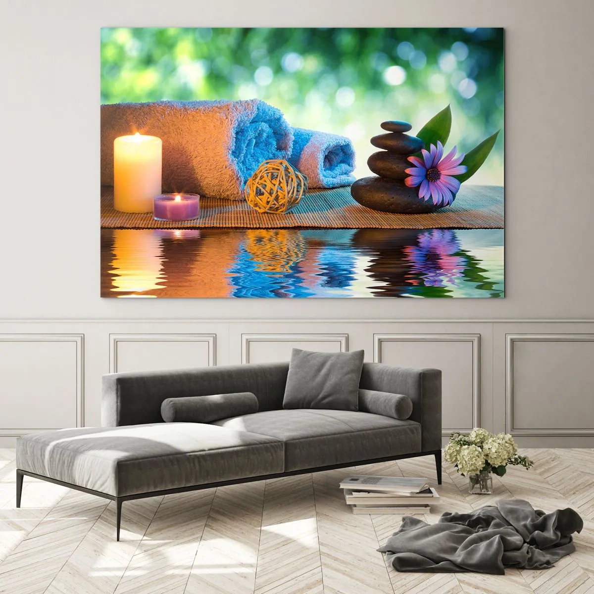 Quadro em vidro - Spa com toalhas, velas e pedras em um cenário natural - 70x50cm - Tempo para o corpo - Decoração de parede moderna para a sala de estar e quarto ARTTOR