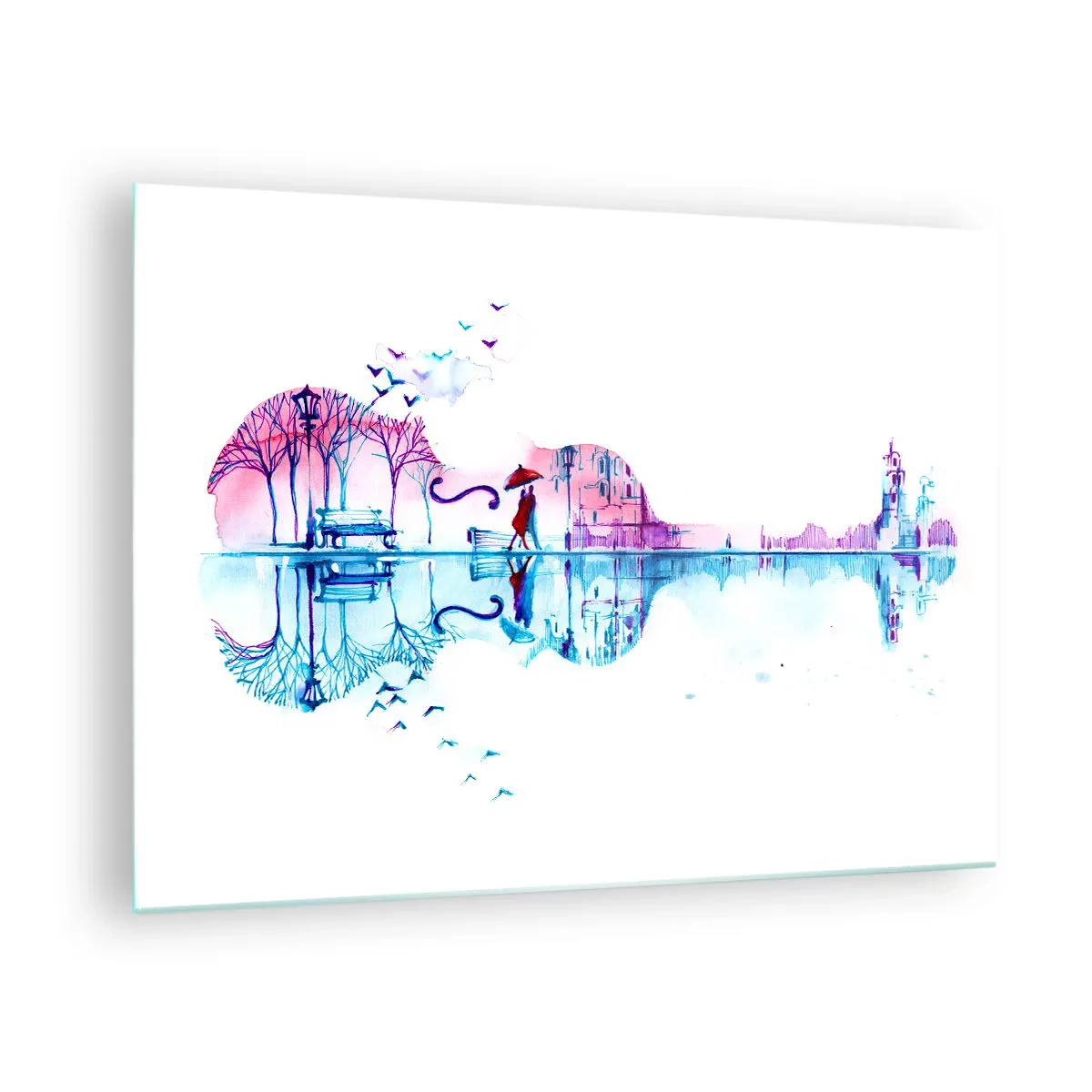 Quadro em vidro - Uma paisagem em forma de guitarra em estilo aquarela - 70x50cm - Trago-vos cânticos de chuva - Decoração de parede moderna para a sala de estar e quarto ARTTOR