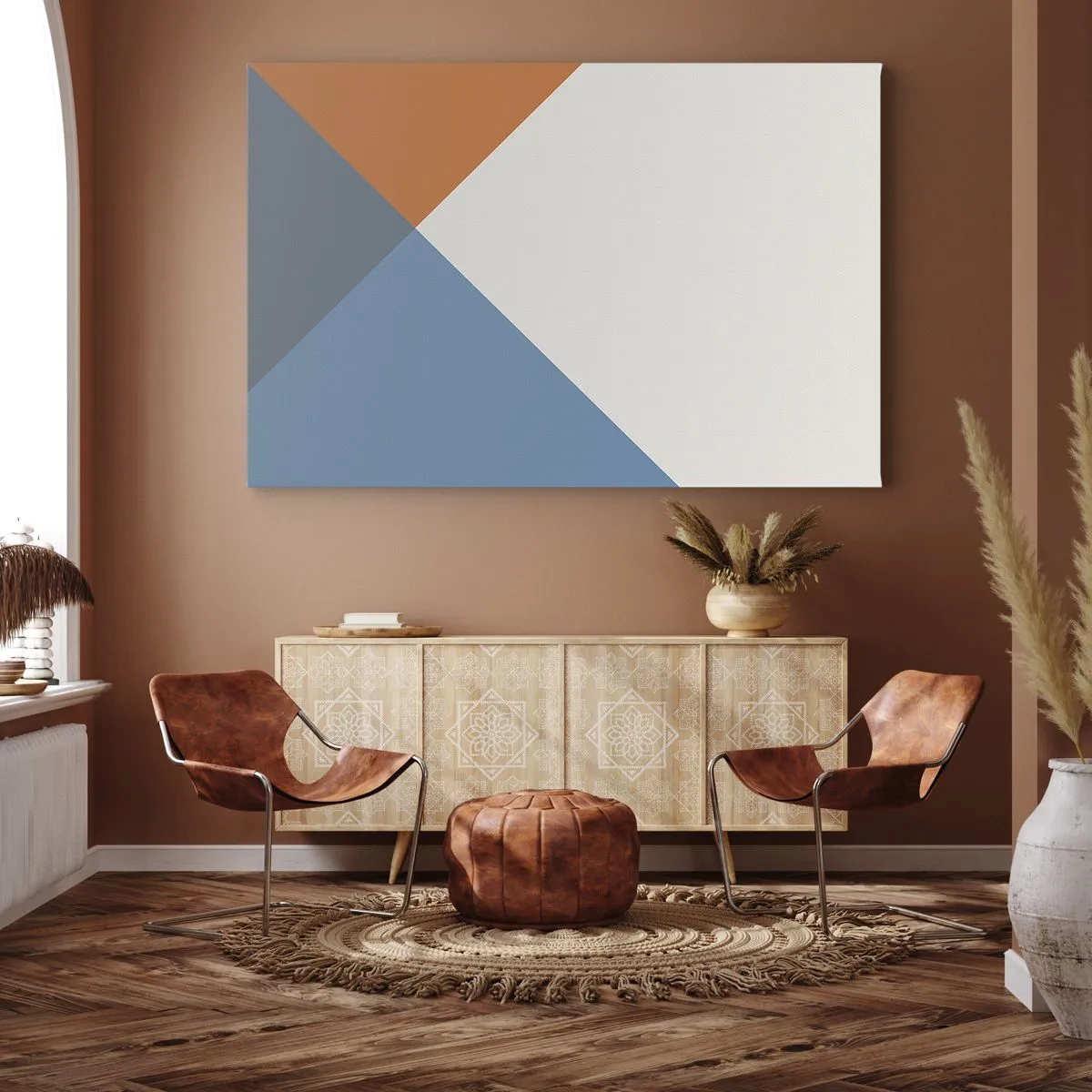 Quadro em tela - Triângulos geométricos em tons de azul e laranja - 70x50cm - Em termos de... - Decoração de parede moderna para a sala de estar e quarto ARTTOR