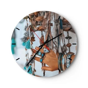 Relógio de parede - Relógio em vidro - Uma mão decorada com joias entre artesanatos boho - 30x30cm - Tesouros locais - Decoração de parede moderna para a sala de estar, cozinha e quarto ARTTOR