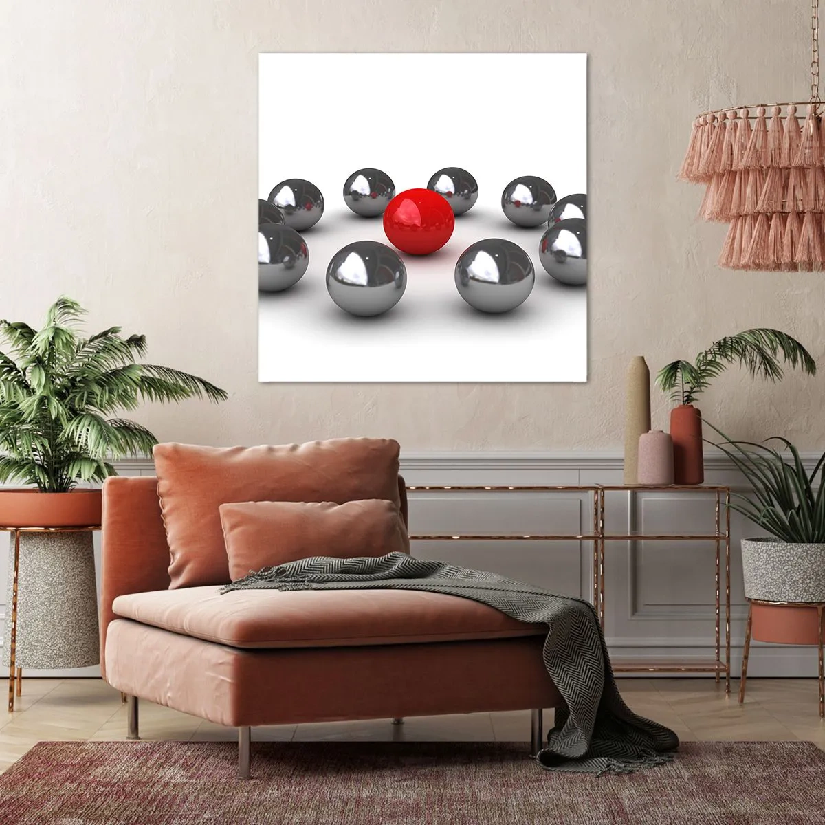 Quadro em tela - Círculo em prata e vermelho - 60x60 cm