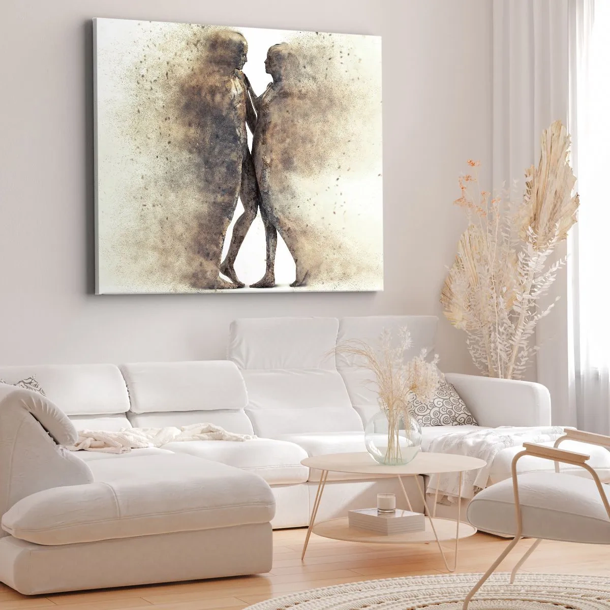 Quadro em tela - Uma dupla abstrata de silhuetas em tons de areia - 70x50cm - Do pó vieram para amar - Decoração de parede moderna para a sala de estar e quarto ARTTOR