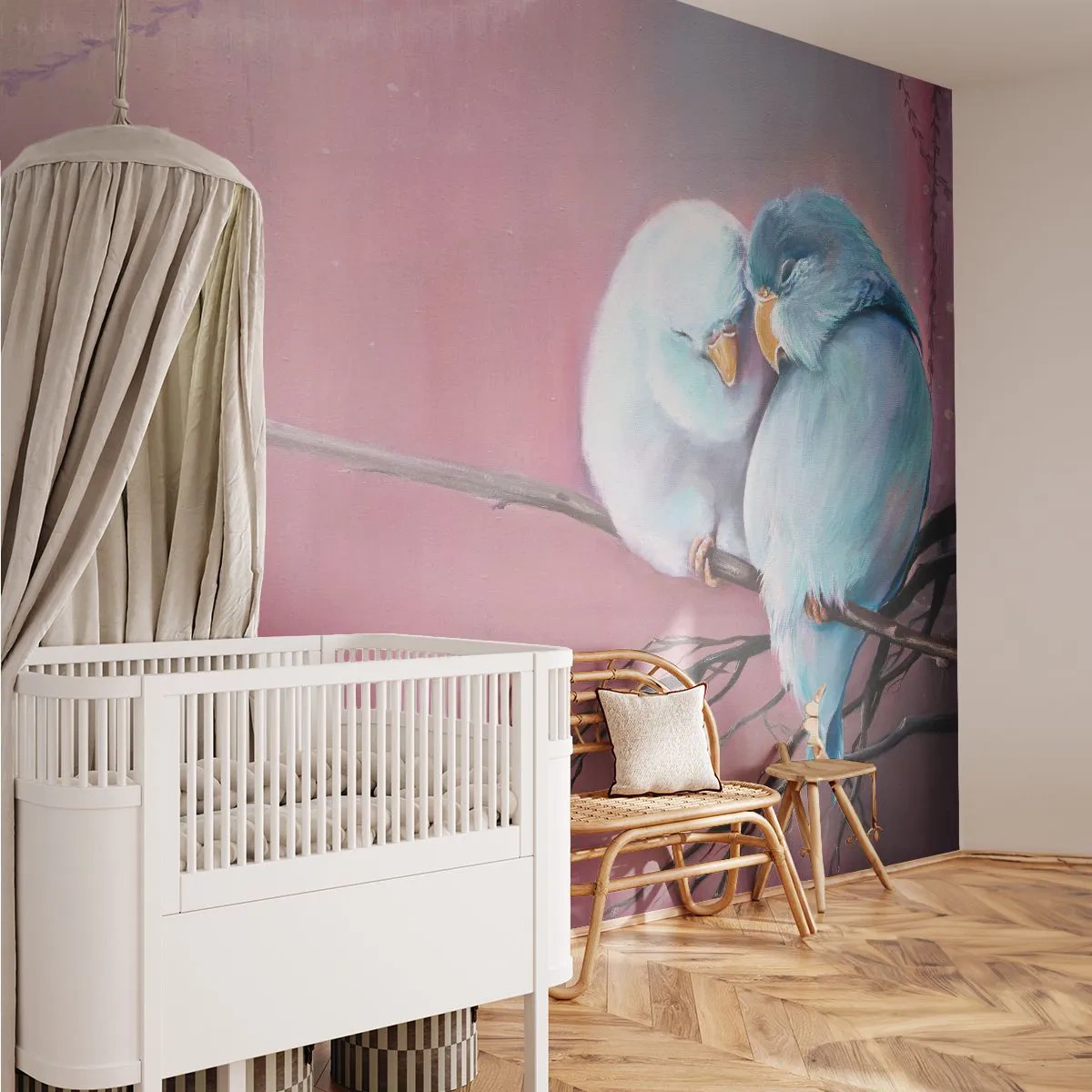 Papel de Parede Standard Eco - Periquitos em um galho sobre um fundo rosa - 100x70cm - O que acrescentar aqui?... - Decoração de parede moderna para a sala de estar e quarto ARTTOR