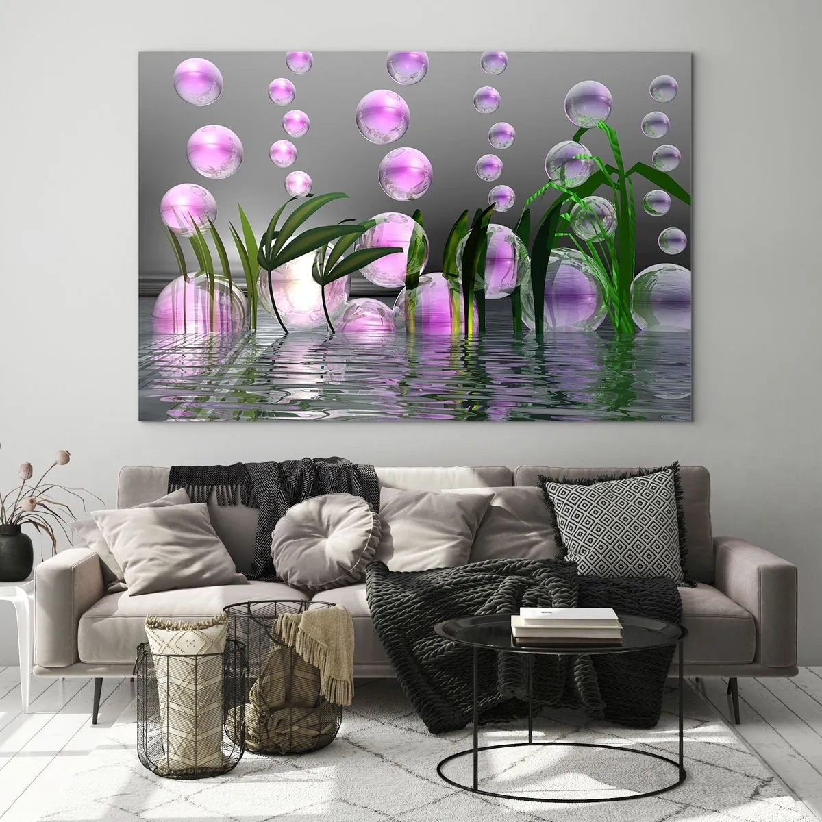 Quadro em vidro - Bolhas roxas flutuando acima da água com plantas - 70x50cm - Composição reflexiva da leveza e da vida - Decoração de parede moderna para a sala de estar e quarto ARTTOR