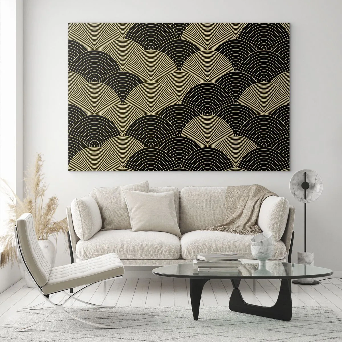 Quadro em vidro - Semicírculos dourados em um padrão japonês regular - 70x50cm - Unidade na multiplicidade - Decoração de parede moderna para a sala de estar e quarto ARTTOR