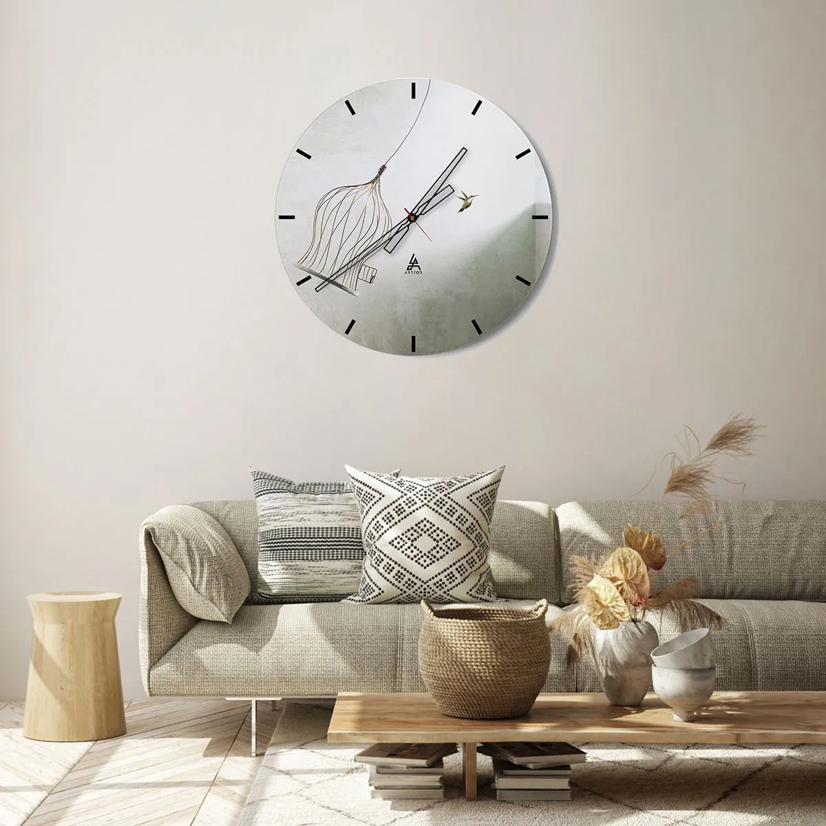 Relógio de parede - Relógio em vidro - Um pássaro saindo da gaiola contra um fundo claro - 30x30cm - Enfim a liberdade - Decoração de parede moderna para a sala de estar, cozinha e quarto ARTTOR
