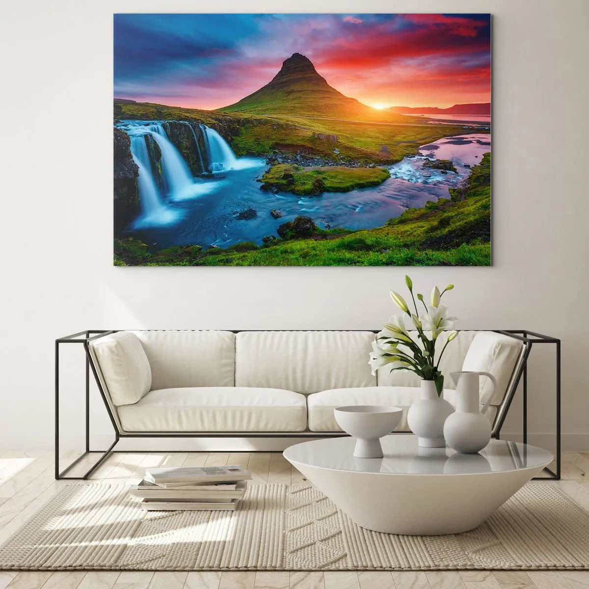 Quadro em vidro - Islândia - fogo e água - 70x50cm - Islândia - fogo e água - Decoração de parede moderna para a sala de estar e quarto ARTTOR