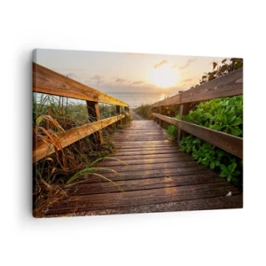 Quadro em tela - Cais de madeira que leva à praia ao pôr do sol - 70x50cm - Direto para a costa - Decoração de parede moderna para a sala de estar e quarto ARTTOR