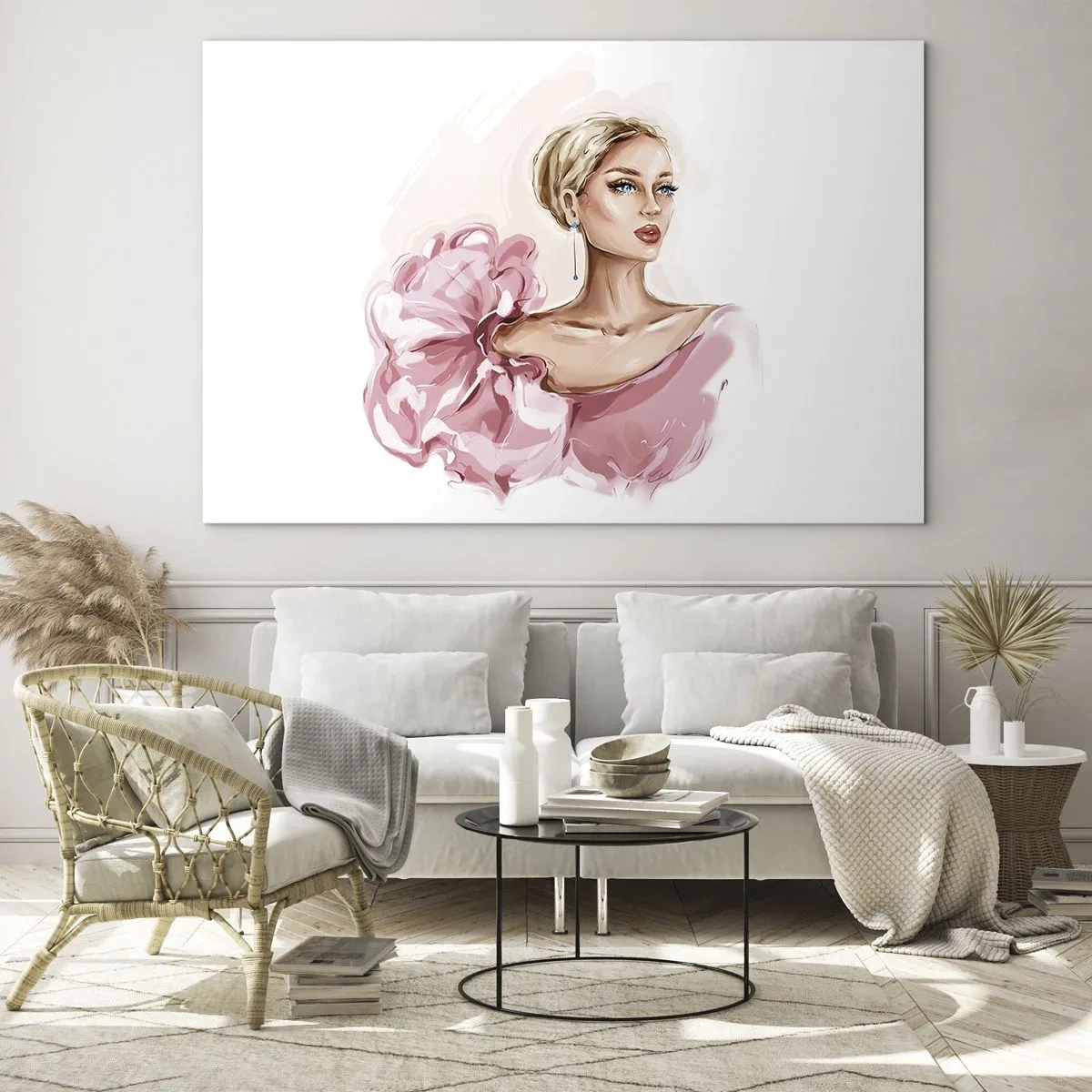 Quadro em vidro - Retrato estilizado de uma mulher em um vestido rosa - 70x50cm - Parece pintada... - Decoração de parede moderna para a sala de estar e quarto ARTTOR