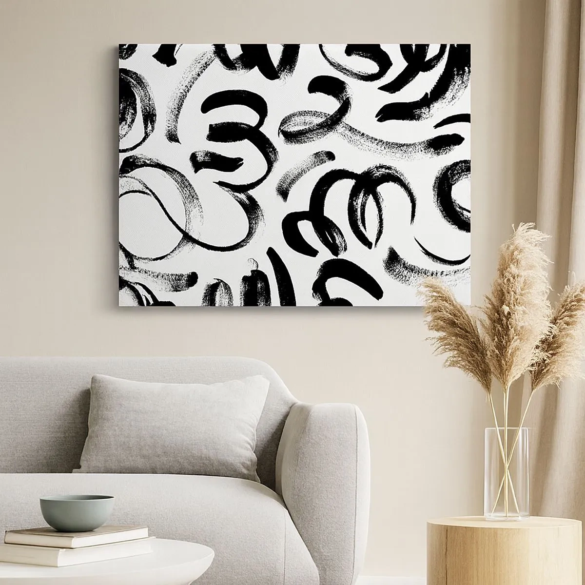 Quadro em tela - Pinceladas abstratas pretas em um fundo branco - 70x50cm - Preto sobre branco - Decoração de parede moderna para a sala de estar e quarto ARTTOR