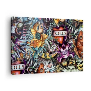 Quadro em tela - Arte colorida em estilo tatuagem com caveiras e motivos náuticos - 70x50cm - O sonho do tatuador - Decoração de parede moderna para a sala de estar e quarto ARTTOR