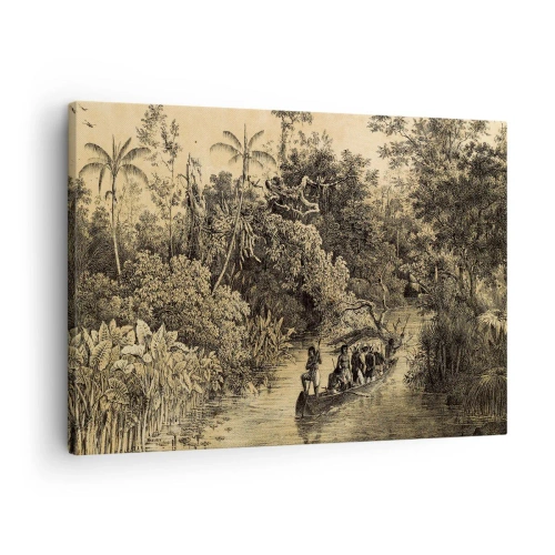 Quadro em tela - Desenho de uma selva com um barco em um rio - 70x50cm - Viagem à fonte - Decoração de parede moderna para a sala de estar e quarto ARTTOR