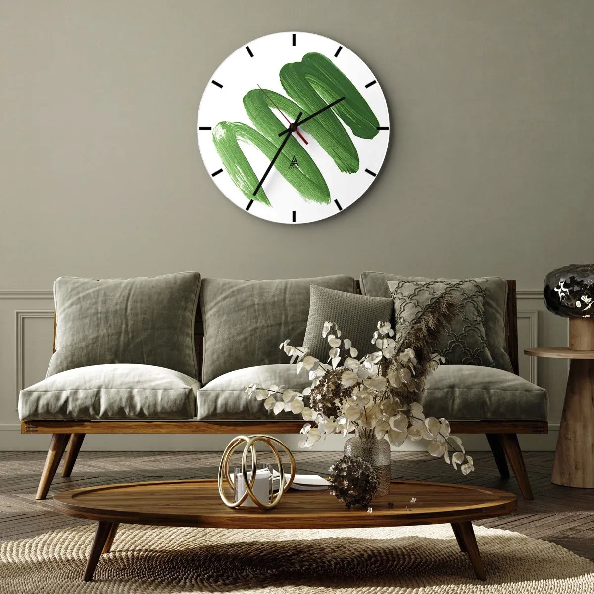 Relógio de parede - Relógio em vidro - Pinceladas verdes sobre fundo branco - 30x30cm - Piada verde - Decoração de parede moderna para a sala de estar, cozinha e quarto ARTTOR