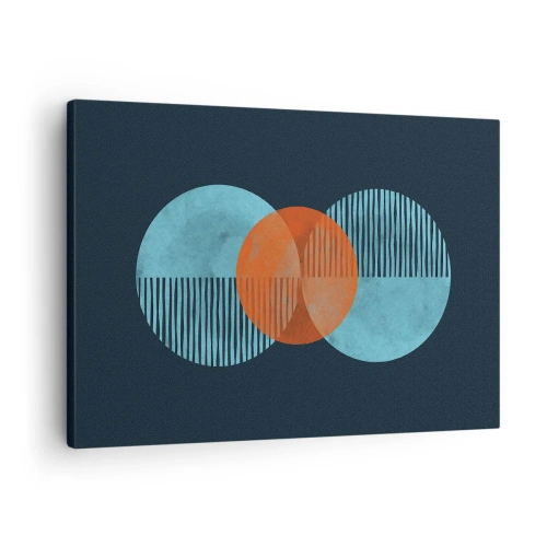 Quadro em tela - Círculos geométricos em tons de azul e laranja - 70x50cm - Obras de arte simétricas - Decoração de parede moderna para a sala de estar e quarto ARTTOR