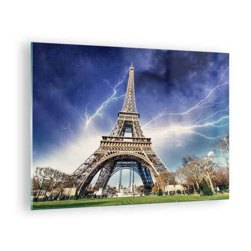 Quadro em vidro - A Torre Eiffel cercada por raios em um dia nublado - 70x50cm - Senhora das Tempestades - Decoração de parede moderna para a sala de estar e quarto ARTTOR