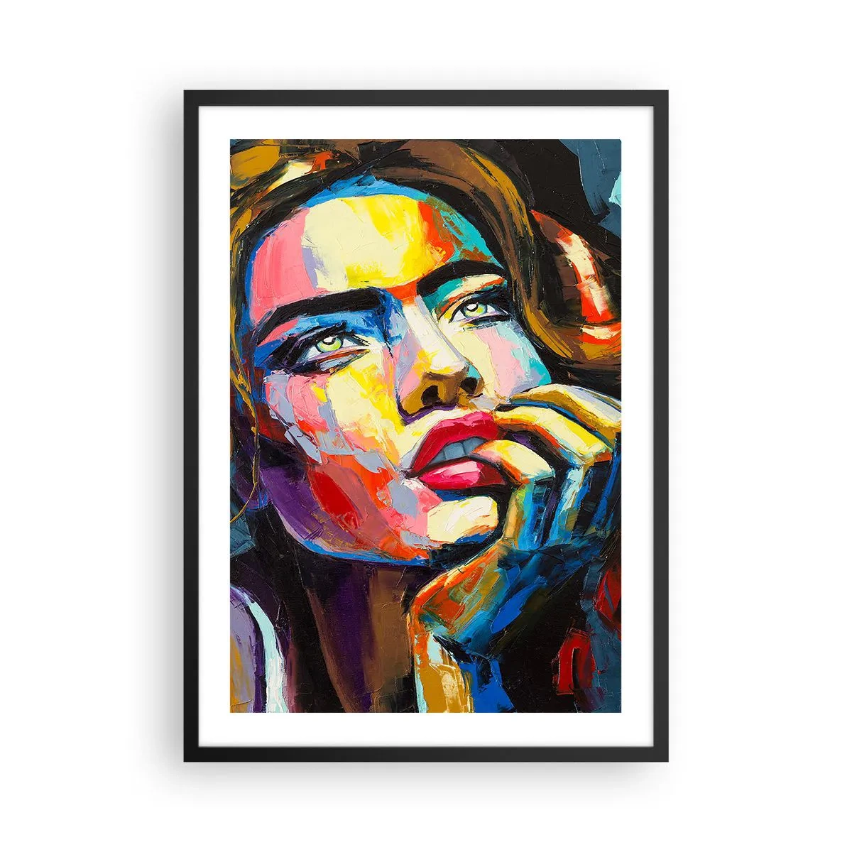 Pôster com moldura preta - Um retrato impressionante e colorido de uma mulher em um estilo expressivo. - 50x70cm - Sonhos como pássaros voando no céu - Decoração de parede moderna para a sala de estar e quarto ARTTOR