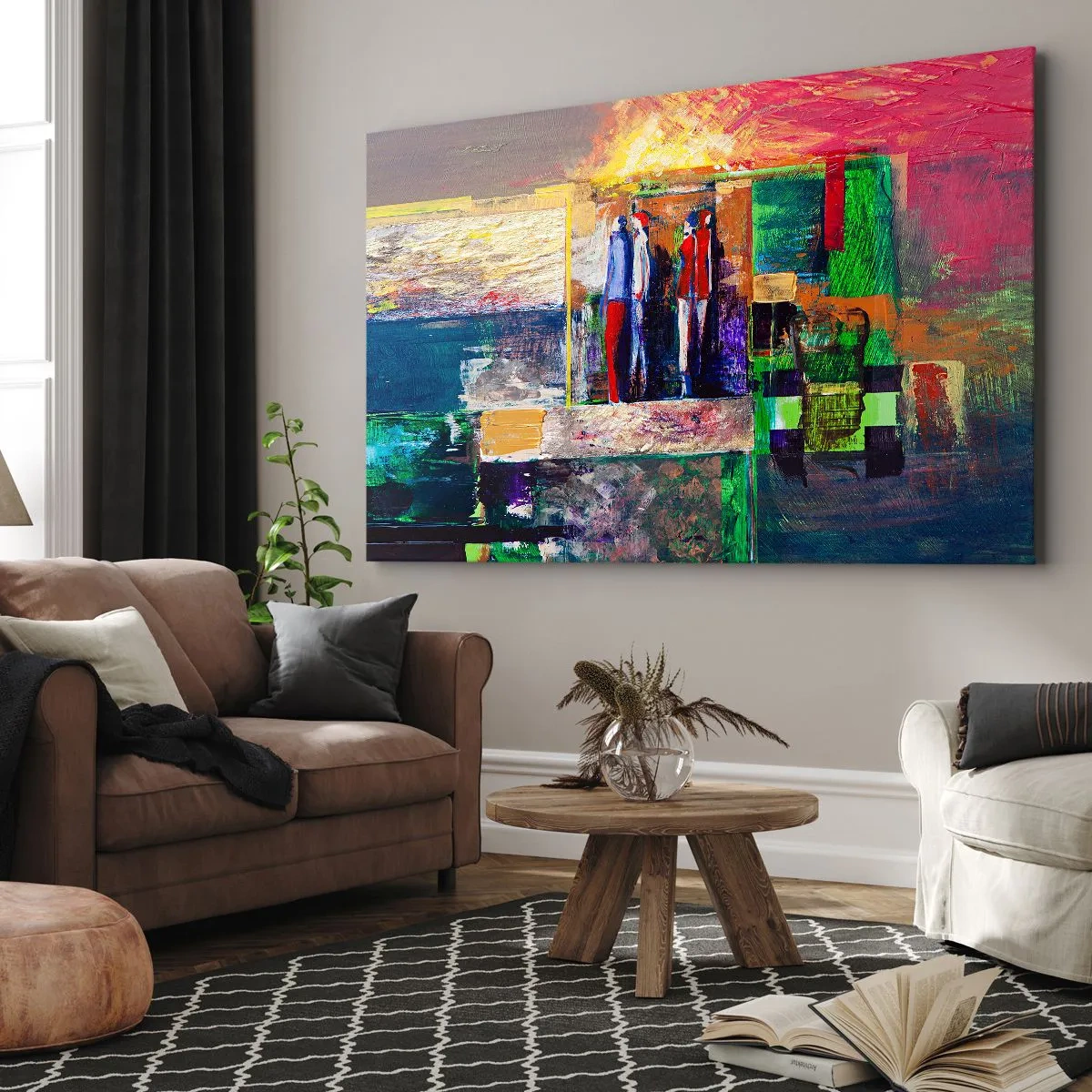 Quadro em tela - Composição abstrata com figuras e padrões geométricos - 70x50cm - Relacionamentos e emoções - Decoração de parede moderna para a sala de estar e quarto ARTTOR