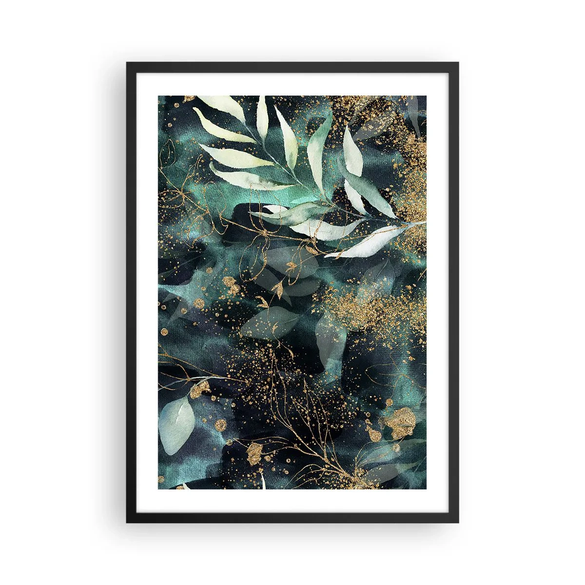 Pôster com moldura preta - Folhas verdes e detalhes dourados em fundo escuro - 50x70cm - Jardim Mágico - Decoração de parede moderna para a sala de estar e quarto ARTTOR