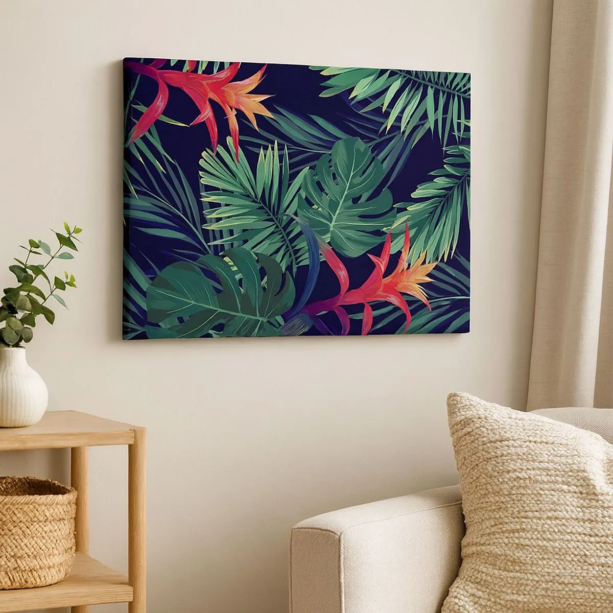 Quadro em tela - Folhas e flores tropicais em um fundo escuro - 70x50cm - Queimar em verde - Decoração de parede moderna para a sala de estar e quarto ARTTOR