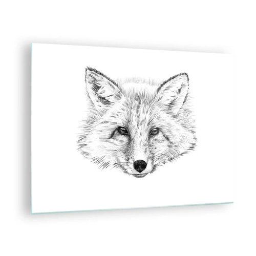 Quadro em vidro - Desenho de uma cabeça de raposa em um fundo branco - 70x50cm - Esses olhos podem mentir? - Decoração de parede moderna para a sala de estar e quarto ARTTOR