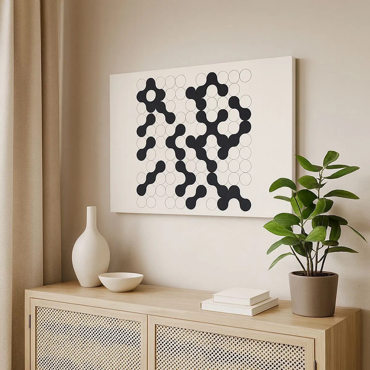Quadro em tela - Padrões em preto e branco com círculos em um fundo claro - 70x50cm - Jogo chinês – variação - Decoração de parede moderna para a sala de estar e quarto ARTTOR