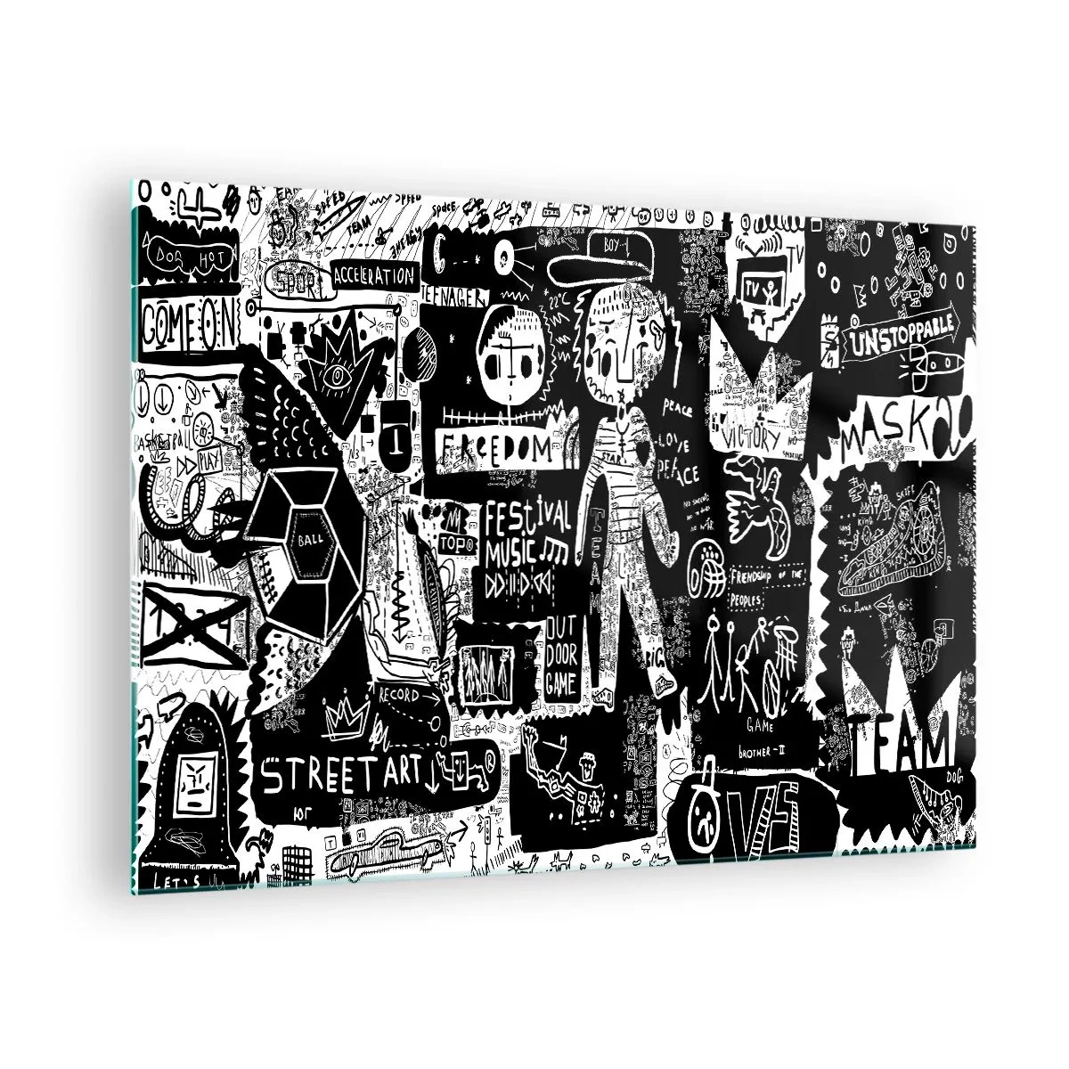 Quadro em vidro - Gráficos em estilo de arte de rua em preto e branco com personagens e símbolos - 70x50cm - O direito e a alegria da juventude espiritual - Decoração de parede moderna para a sala de estar e quarto ARTTOR