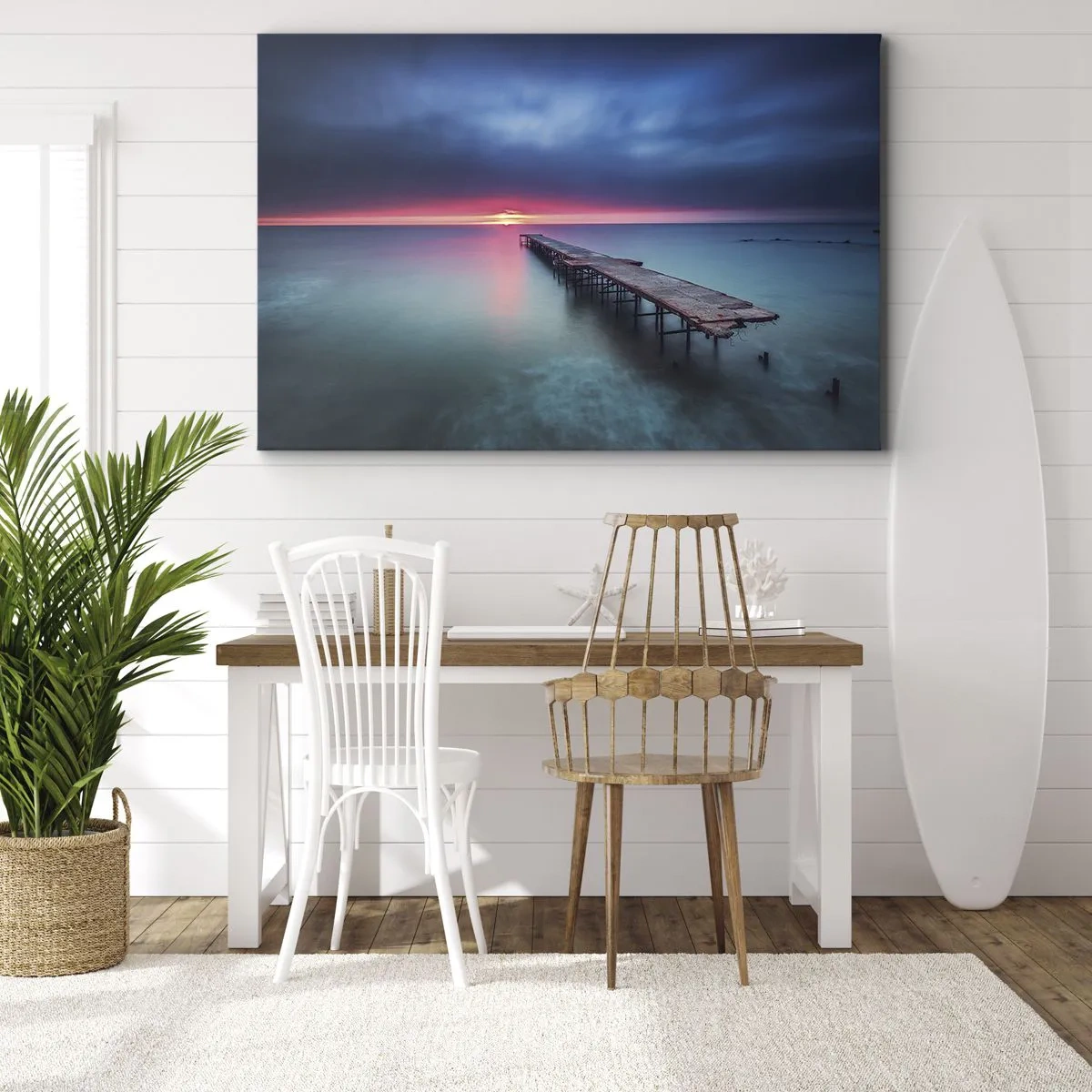 Quadro em tela - Um píer de madeira que leva direto ao mar ao pôr do sol - 70x50cm - Entre o céu e a terra - Decoração de parede moderna para a sala de estar e quarto ARTTOR
