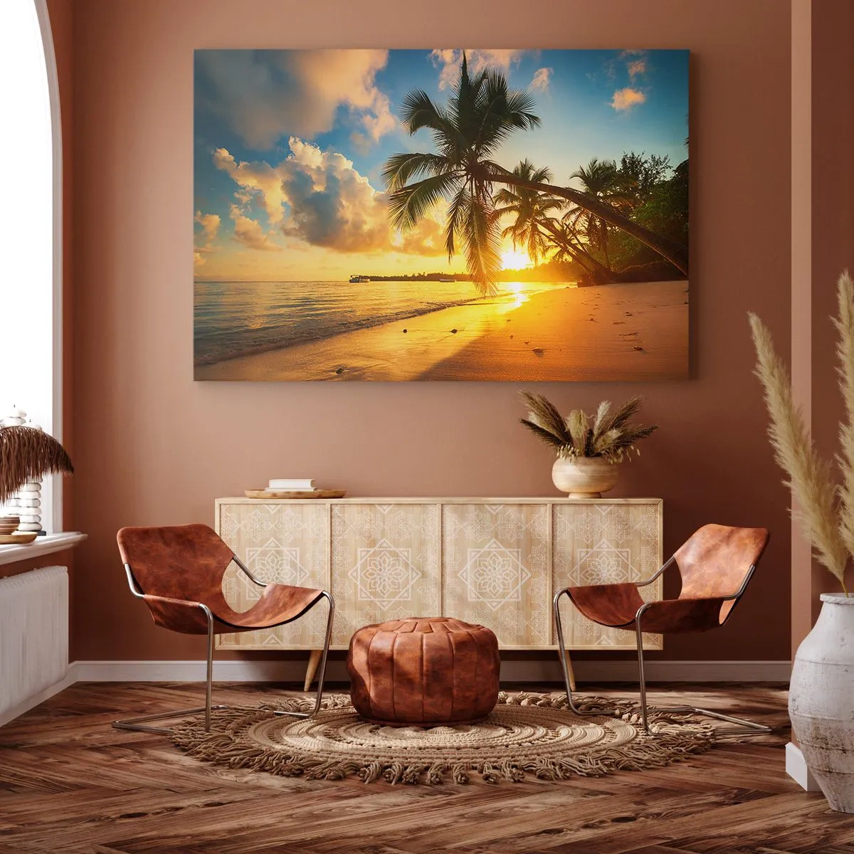 Quadro em tela - Praia do pôr do sol com palmeiras à beira-mar - 70x50cm - Um sonho caribenho - Decoração de parede moderna para a sala de estar e quarto ARTTOR