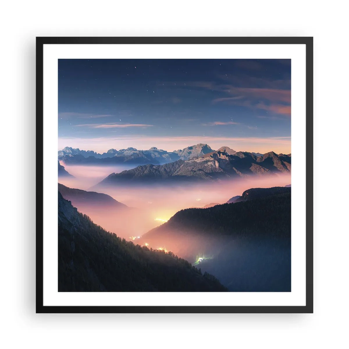 Pôster com moldura preta - Luz nos vales - 60x60 cm