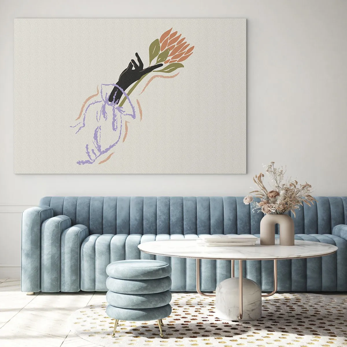 Quadro em vidro - Uma mão estilizada com um buquê de flores desenhado com linhas em tons pastéis. - 70x50cm - Toque fraterno - Decoração de parede moderna para a sala de estar e quarto ARTTOR