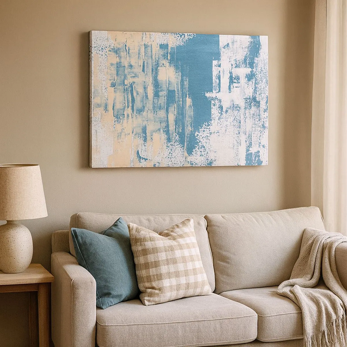 Quadro em tela - Composição abstrata em tons de azul e branco - 70x50cm - Através da estalactite de gelo - Decoração de parede moderna para a sala de estar e quarto ARTTOR