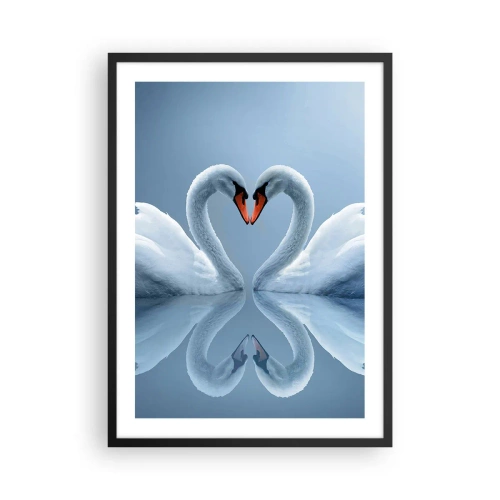 Pôster com moldura preta - Cisnes em forma de coração contra o céu - 50x70cm - Hora do amor - Decoração de parede moderna para a sala de estar e quarto ARTTOR