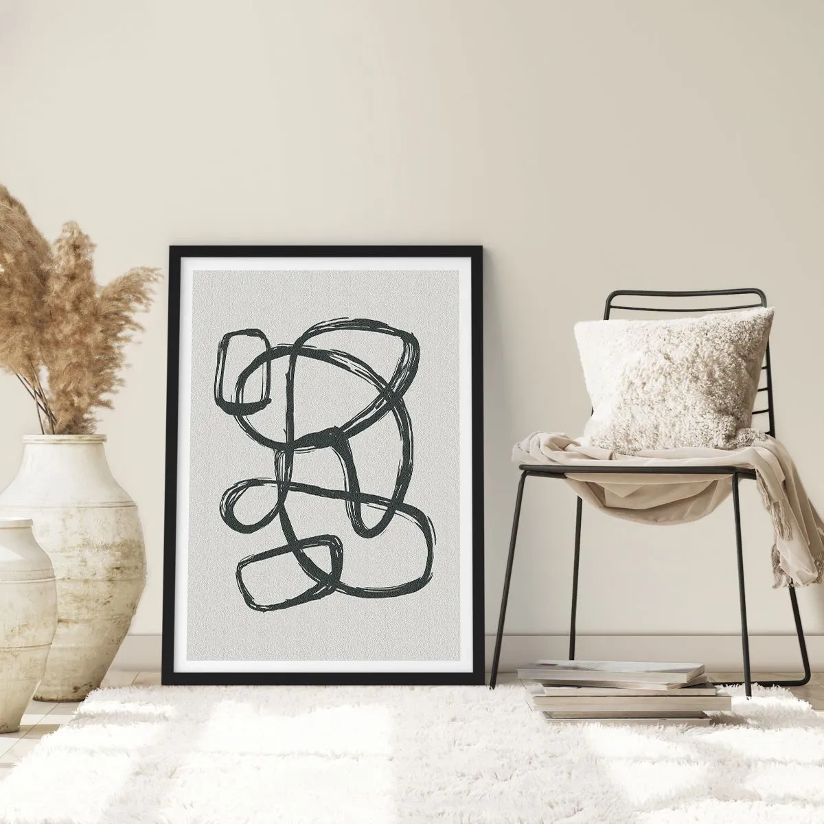 Pôster com moldura preta - Linha preta abstrata em um fundo claro - 50x70cm - Abstração em loop - Decoração de parede moderna para a sala de estar e quarto ARTTOR