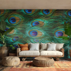 Papel de Parede Premium Sand - Um olhar de pavão - Abstração, Penas de pavão, Pena de ave - 100x70 cm