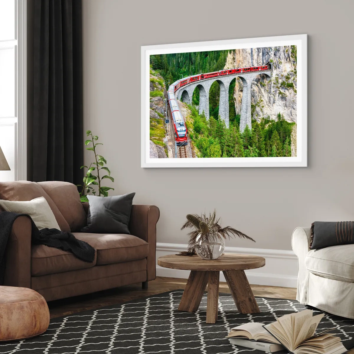 Pôster em moldura branca - Linha férrea com vista para a montanha - 50x40 cm