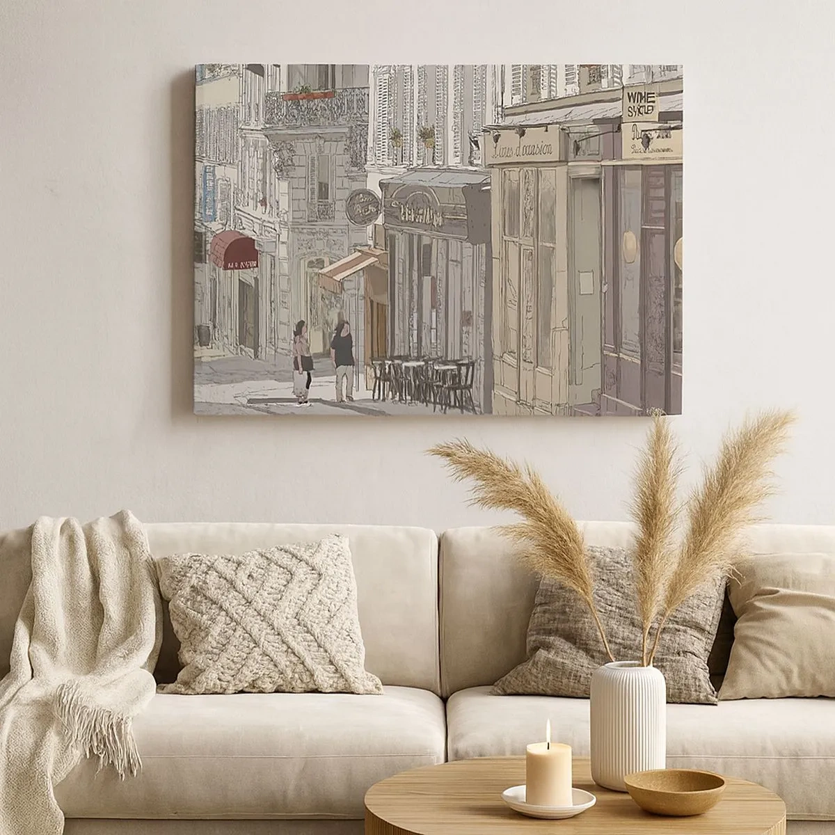 Quadro em tela - Ilustração de uma rua da cidade com cafés e lojas - 70x50cm - Alegrias urbanas - Decoração de parede moderna para a sala de estar e quarto ARTTOR
