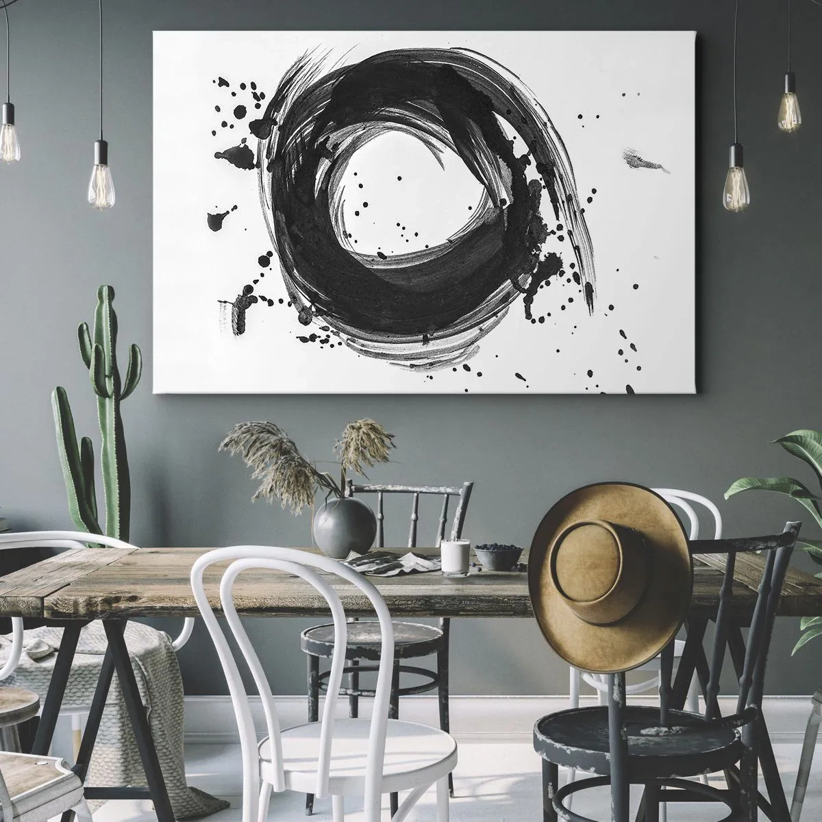 Quadro em tela - Abstração preta em forma de círculo sobre fundo branco - 70x50cm - O vórtice da criação - Decoração de parede moderna para a sala de estar e quarto ARTTOR