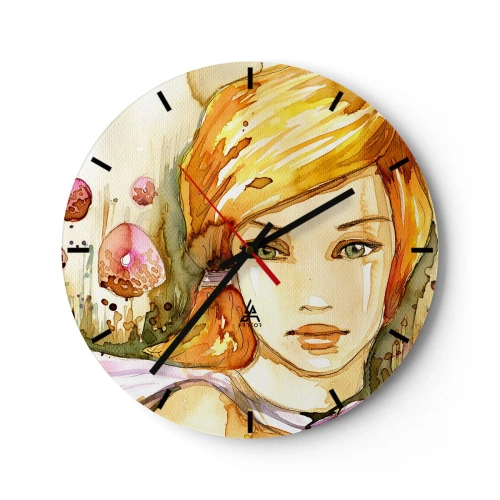Relógio de parede - Relógio em vidro - Retrato artístico de uma mulher com cabelos ruivos e olhos esmeralda - 30x30cm - Um olhar esmeralda que acalma a raiva - Decoração de parede moderna para a sala de estar, cozinha e quarto ARTTOR
