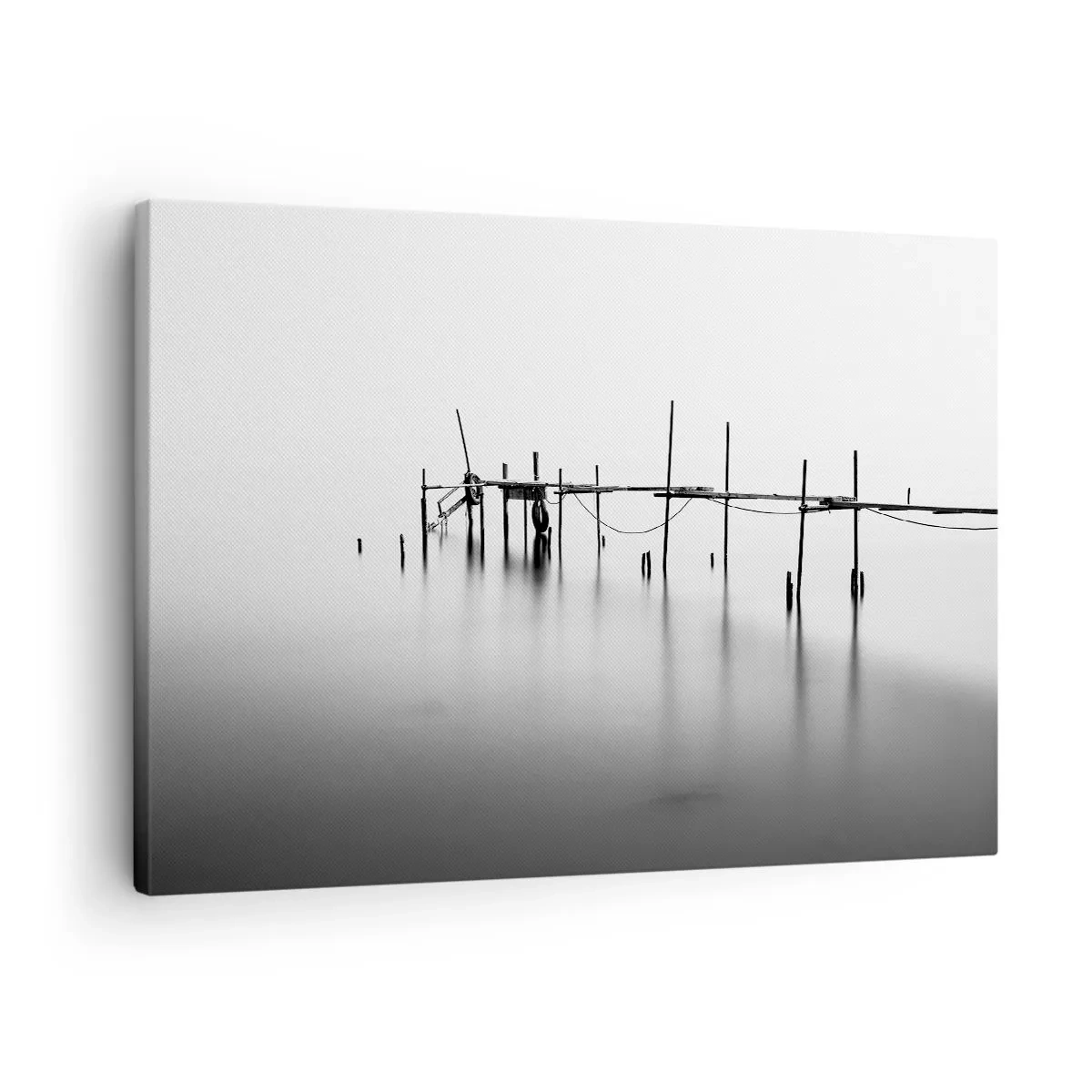 Quadro em tela - Um cais preto e branco imerso em uma paisagem enevoada - 70x50cm - E se o mundo não existe? - Decoração de parede moderna para a sala de estar e quarto ARTTOR