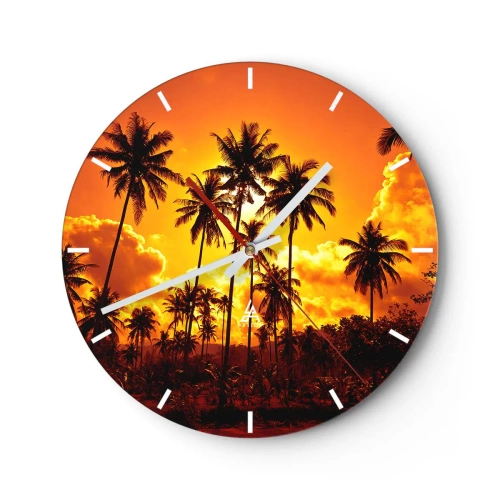 Relógio de parede - Relógio em vidro - Palmeiras com o pôr do sol como pano de fundo - 30x30cm - Montanhas em chamas, florestas em chamas - Decoração de parede moderna para a sala de estar, cozinha e quarto ARTTOR