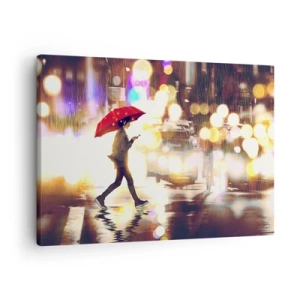 Quadro em tela - Uma figura com um guarda-chuva vermelho na rua na chuva - 70x50cm - Apesar de tudo, ensolarado - Decoração de parede moderna para a sala de estar e quarto ARTTOR