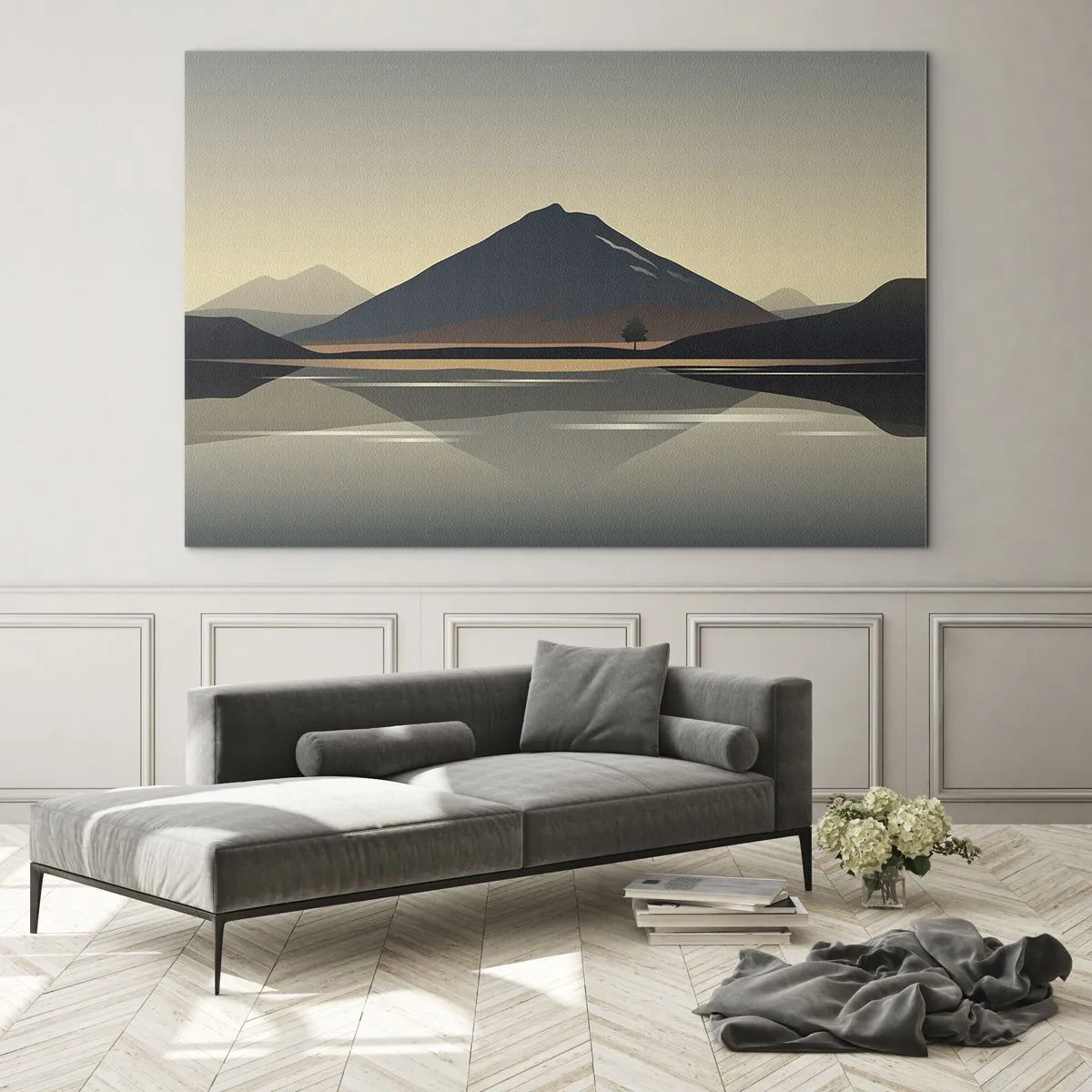 Quadro em vidro - Montanhas e lago em tons quentes com efeito reflexivo - 70x50cm - Reflexo de espelho - Decoração de parede moderna para a sala de estar e quarto ARTTOR