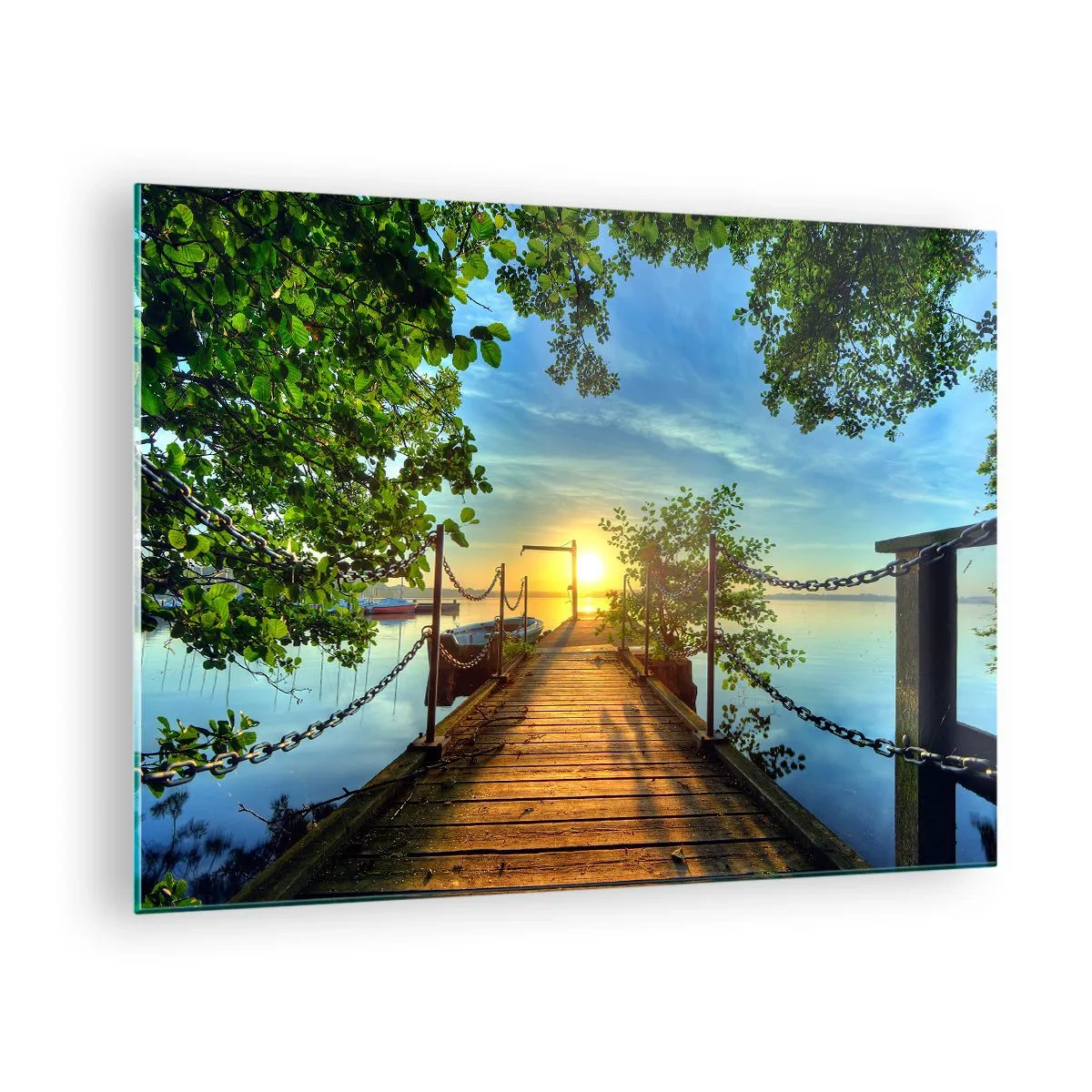 Quadro em vidro - Um píer com vista para o pôr do sol sobre o lago - 70x50cm - Oeste sobre a água - Decoração de parede moderna para a sala de estar e quarto ARTTOR