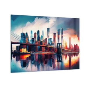 Quadro em vidro - Panorama da cidade com uma ponte contra o céu colorido e reflexo na água - 70x50cm - Nova York dos sonhos - Decoração de parede moderna para a sala de estar e quarto ARTTOR
